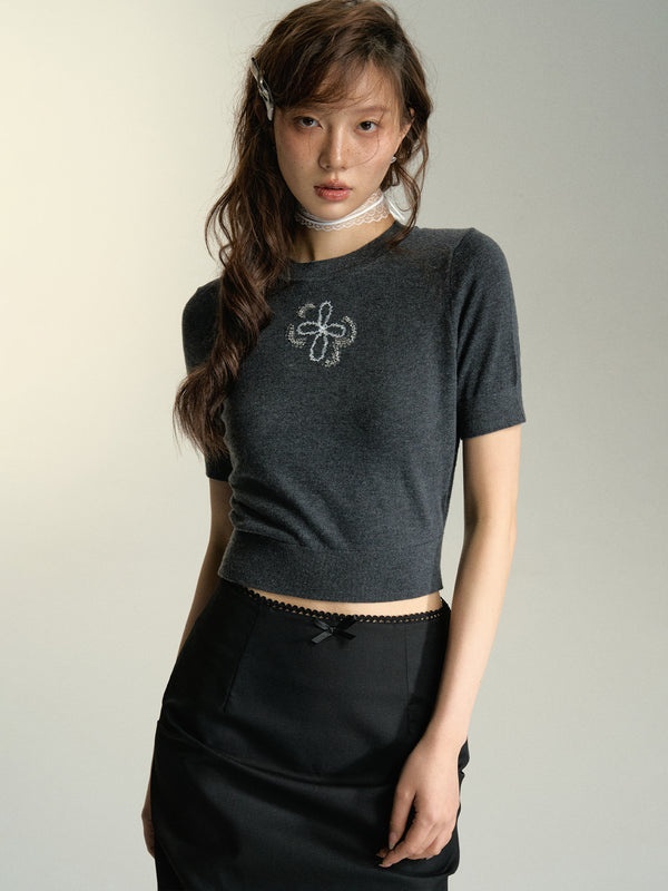 Wishful Flower Sequin Knit Short Sleeve