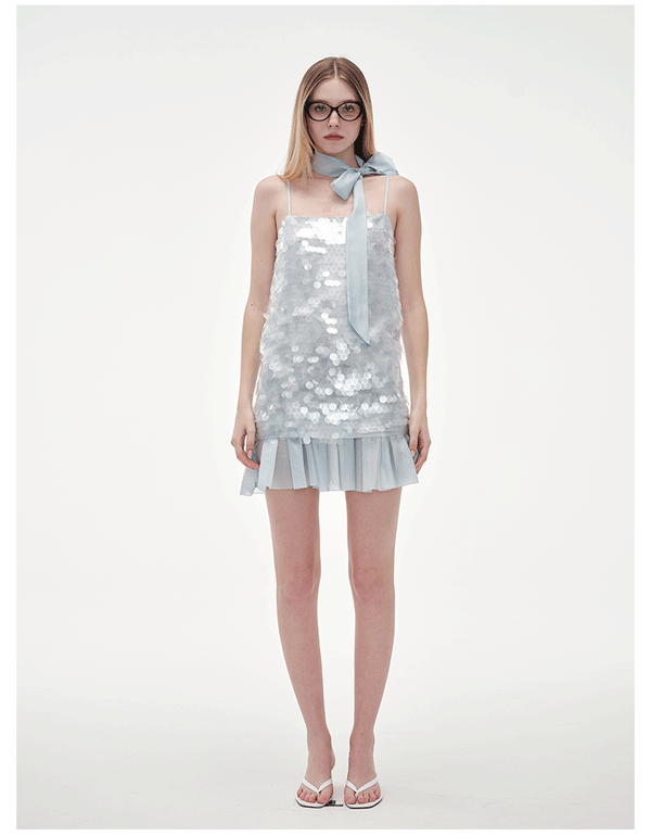 ODTD Mermaid Sequin Wave Strap Dress with Sash