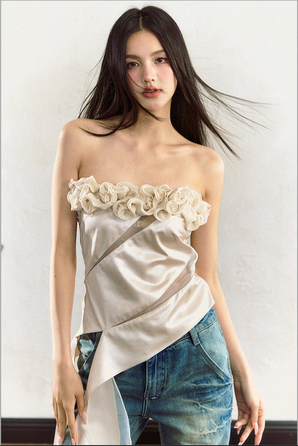 Rose Floral Mesh Paneled Strapless Top