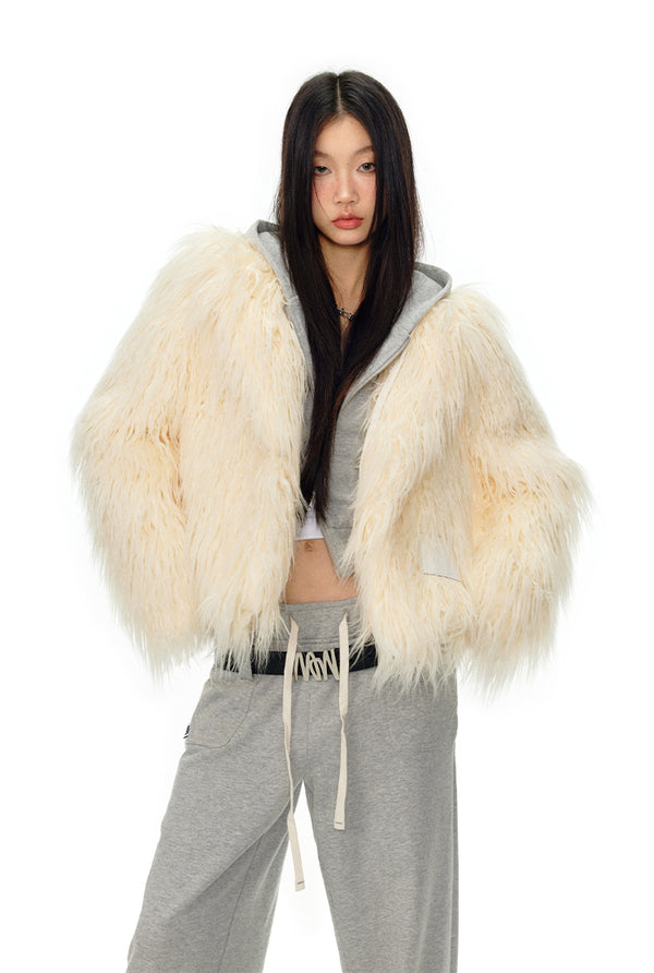 Folded Collar Shearling Wool Fur Coat