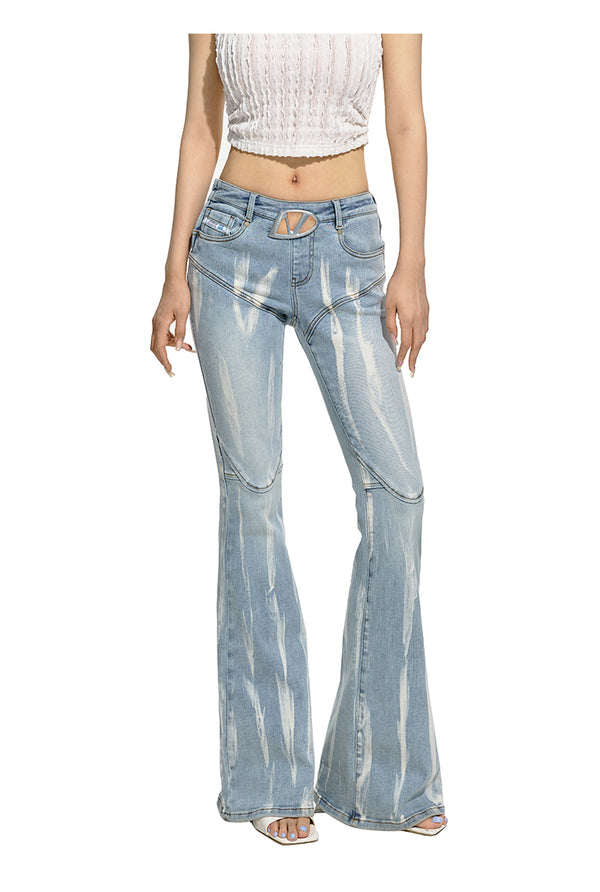 Gradient Tie-Dye Cut-Out Metal Logo Flared Jeans