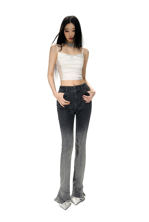 Ombre Side-Slit Denim Horseshoe Pants