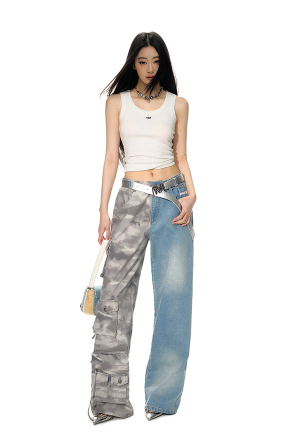 Camouflage Denim Patchwork Straight-leg Pants