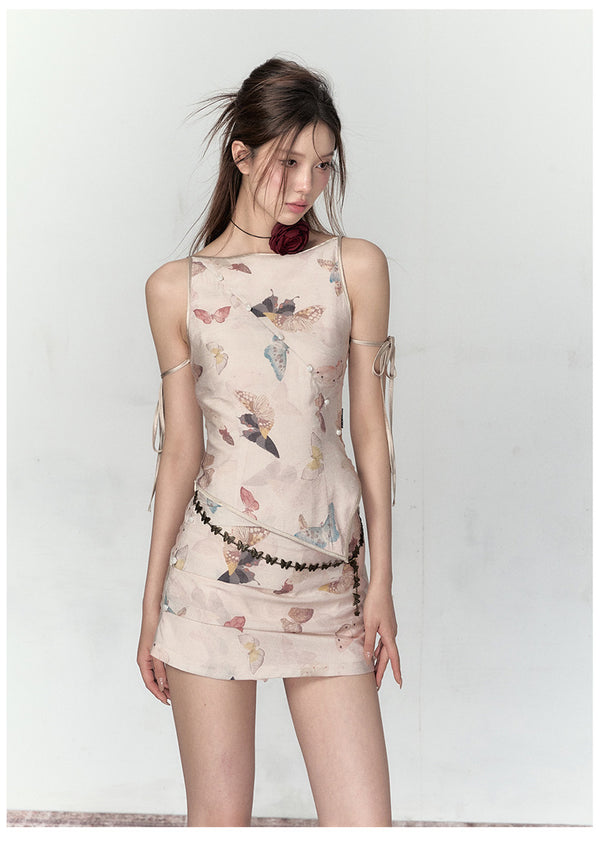 Modern Chinese Butterfly Print Camisole and Skirt Set