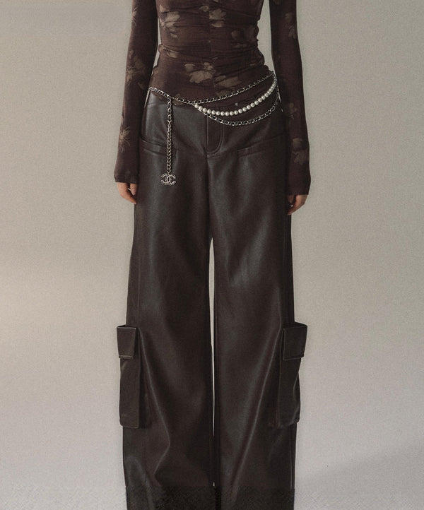 Brown & Black Rivet Wide-Leg Leather Pants