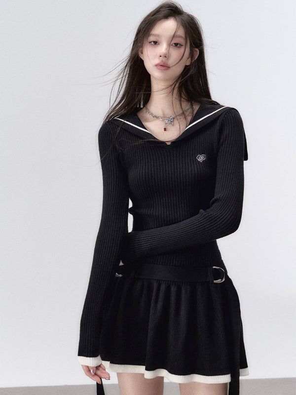 Black Knitted Navy Collar Low-waist Mini Dress