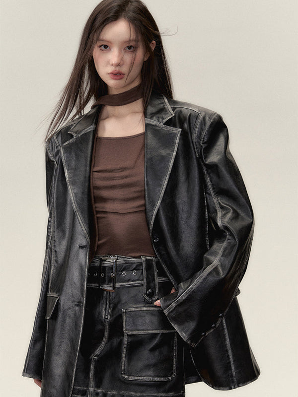 Faux Leather Jacket & Skirt Two-Piece Set