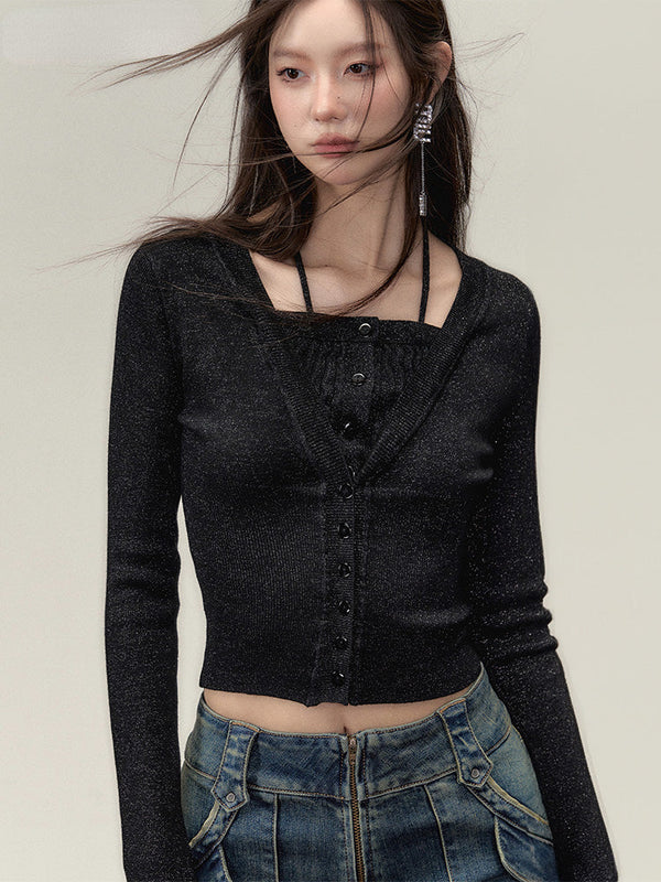 Black & Blue 2-in-1 Short Knitted Blouse