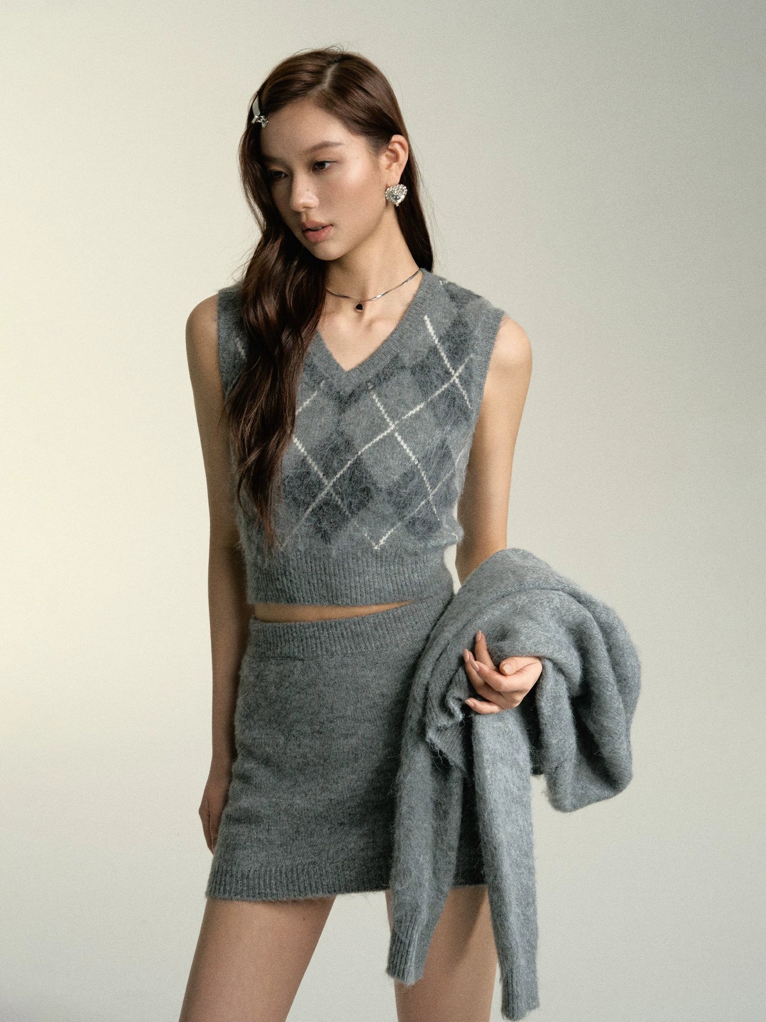 Gray Diamond Pattern Wool Cardigan & Vest