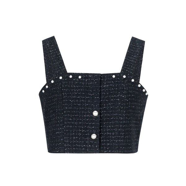 Black Tweed Pearl Cropped Top