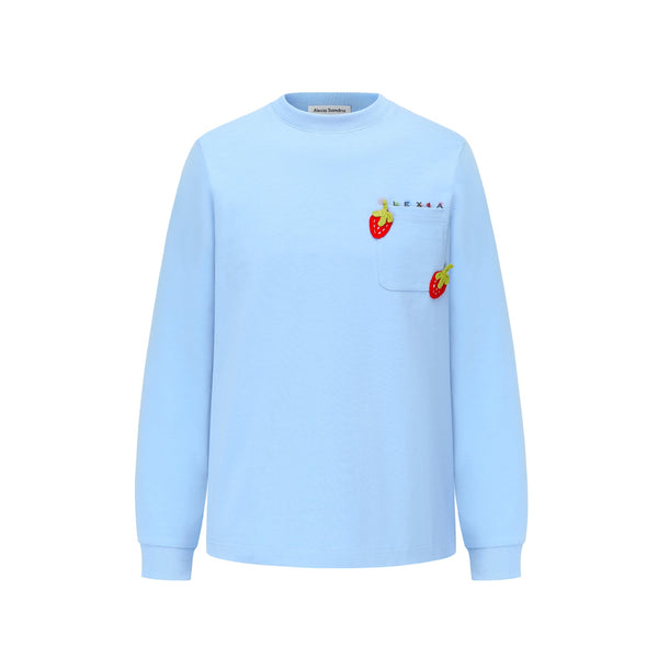 Blue Pocket Strawberry Long Sleeve Sweatshirt