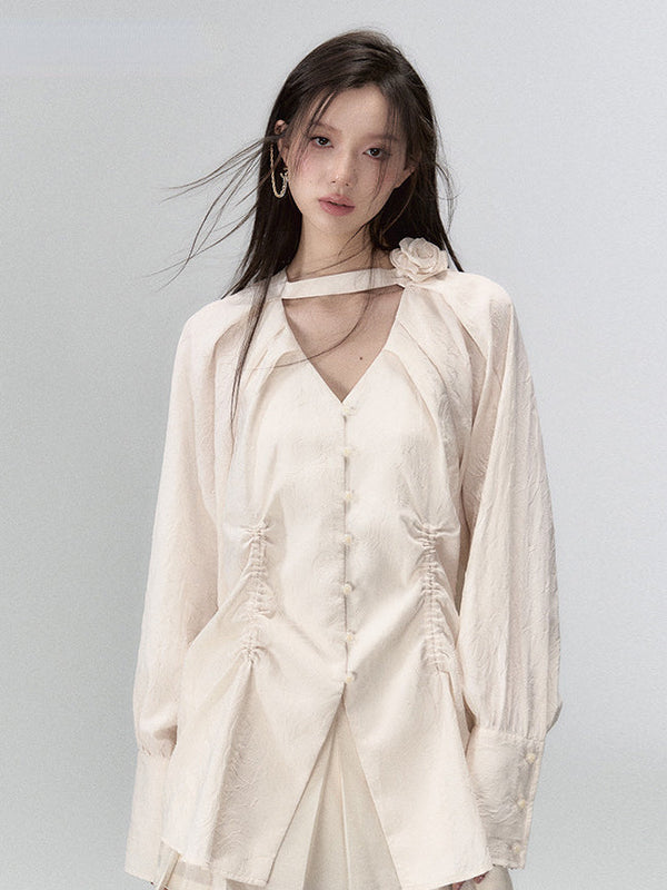 Beige Long-sleeved Shirt & Skirt Set