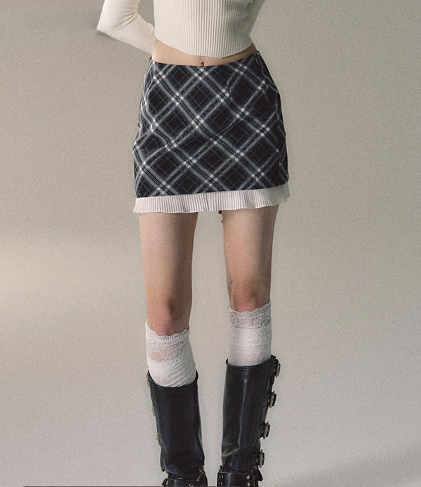 Khaki & Black Patchwork Checkered 2-in-1 Mini Skirt