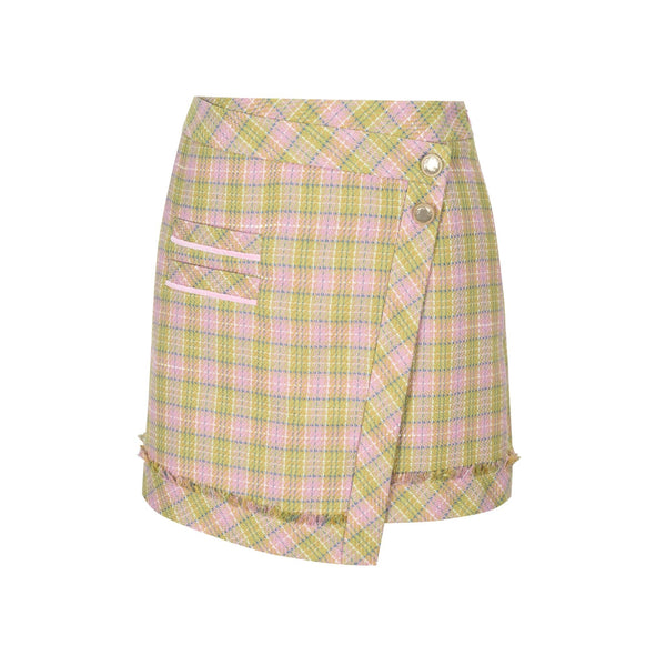 Pink And Green Tweed Plaid Skirt