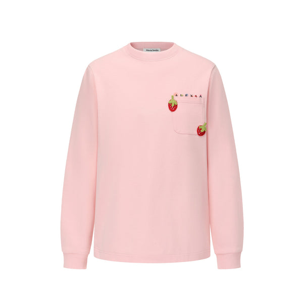 Pink Pocket Strawberry Long Sleeve Sweatshirt