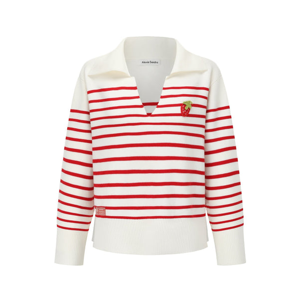 Red V-Neck Stripe Polo Sweater